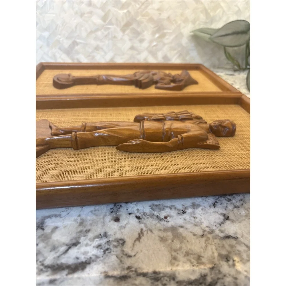 2 Vintage 1960s Mid Century Carved Teak Woman‎ and Man Wall Plaques 15x8in wood